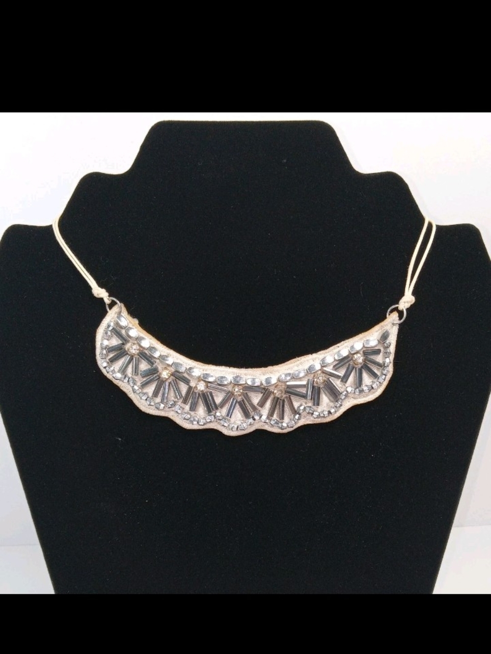 Vtg Handmade Silver-Tone Beaded Crescent Bib Necklace - Elegant Accent